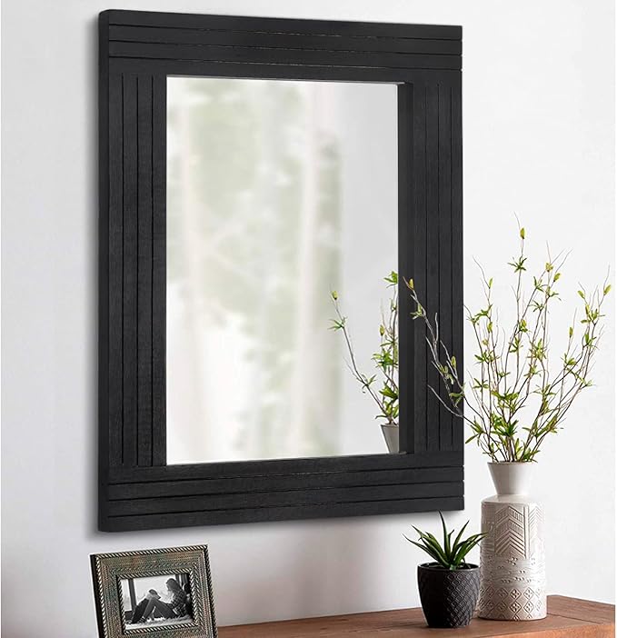 Black Vintage Rustic Wood Framed Wall Mirror Farmhouse Rectanglular Antique Decor Hanging Mirror for Bathroom Bedroom Living Room Entryway Large 20"x16"
