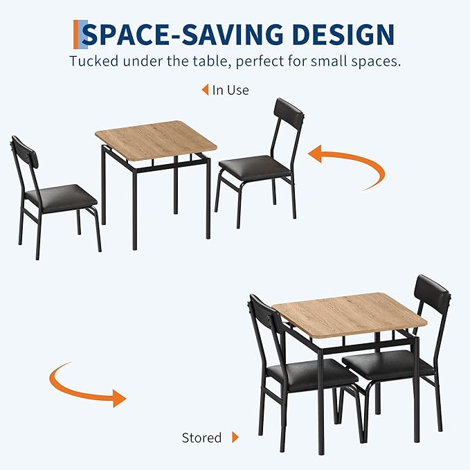 IDEALHOUSE 3 Piece Dining Room Table Set, Kitchen Table Set for 2 with Brown Wooden Grain Kitchen Table and 2 PU Upholstered Metal Chairs, Dining Room Set for Small Space,Home Dinner(2 Black Chairs)