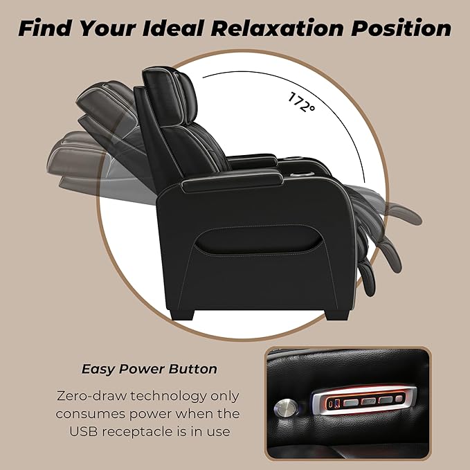 Signature Design by Ashley Boyington Contemporary Leather Match Power Reclining Sofa with Adjustable Headrest, Cup Holder, USB Charging Ports, Air Massage System and LED Lighting, Black
