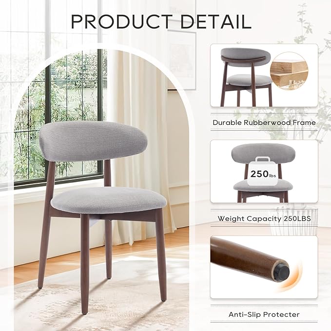 COLAMY Wooden Dining Chairs Set of 4, Modern Fabric Upholstered Kitchen Chairs, Farmhouse Dining Room Chair with Foot Pegs, Light Grey