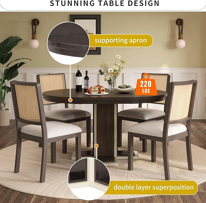 Mid-Century Modern Extendable Round Table with 16" Removable Leaf, Expandable Circular to Oval (42" to 58") Solid Wood Tabletop with Cross Design Trestle Legs for Kitchen Dining/Living Room