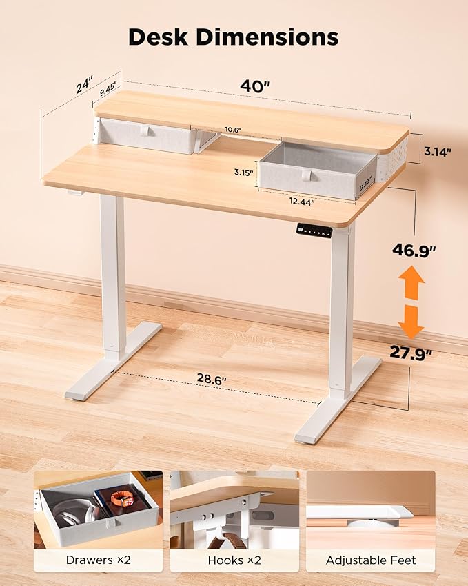 40x24 Inch Standing Desk with Double Drawers, C-Clamp Mount Compatible, Electric Adjustable Height Computer Stand Up Desks, Home Office Sit Stand Table with 3 Preset Heights & 2 Hooks, Natural