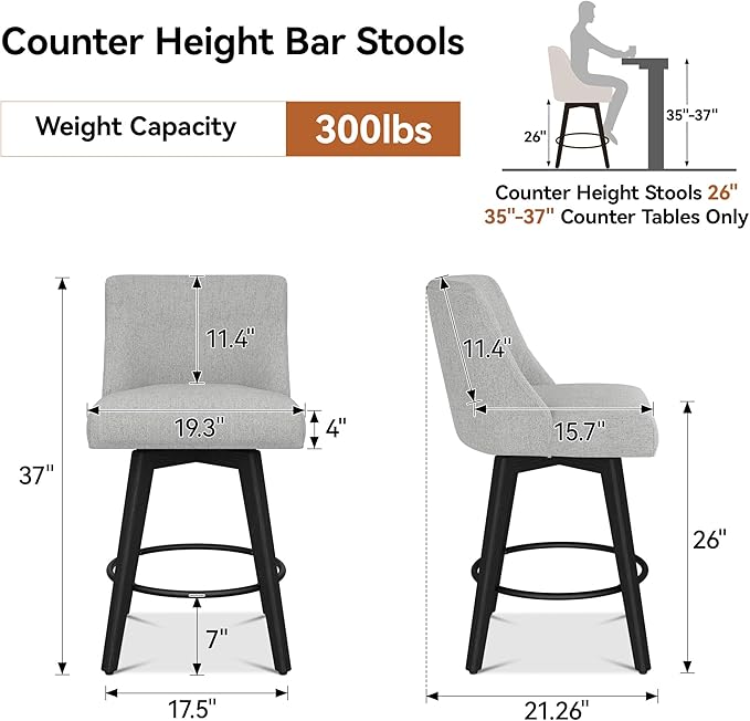 Counter Height Bar Stools Set of 8, Modern Swivel Barstools with Back and Wood Legs, Linen Fabric Upholstered Bar Chairs, 26" H Kitchen Counter Stools, Kitchen Island Home Bar, Light Grey