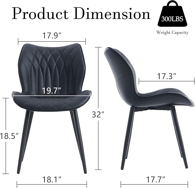 YOUNIKE Dining Chairs Set of 2, Upholstered Faux Leather Kitchen & Dining Room Chairs, Modern Living Room Bedroom Side Chairs with Wide Wing Back and Adjustable Metal Legs, Black