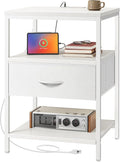 SUPERJARE Nightstand with Charging Station, White Night Stand with Adjustable Drawers, 17.7 Inches Wider Side Table for Bedroom, 3-Tier Storage End Table with Open Shelf, PU Leather Surface