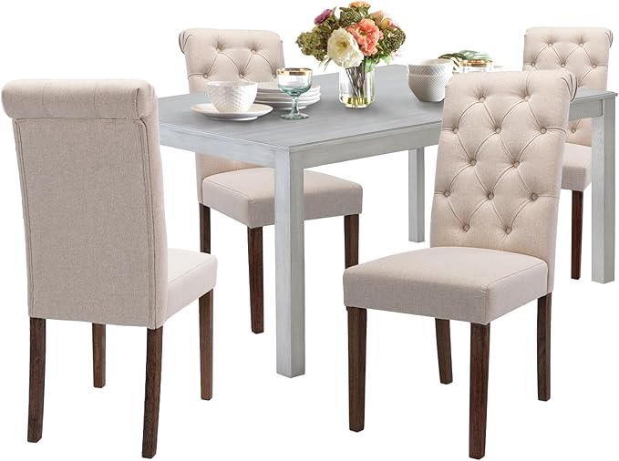 COLAMY 5-Piece Dining Table Set for 4, 60" Kitchen Wood Table with 4 Tufted Dining Room Chairs, White/Beige