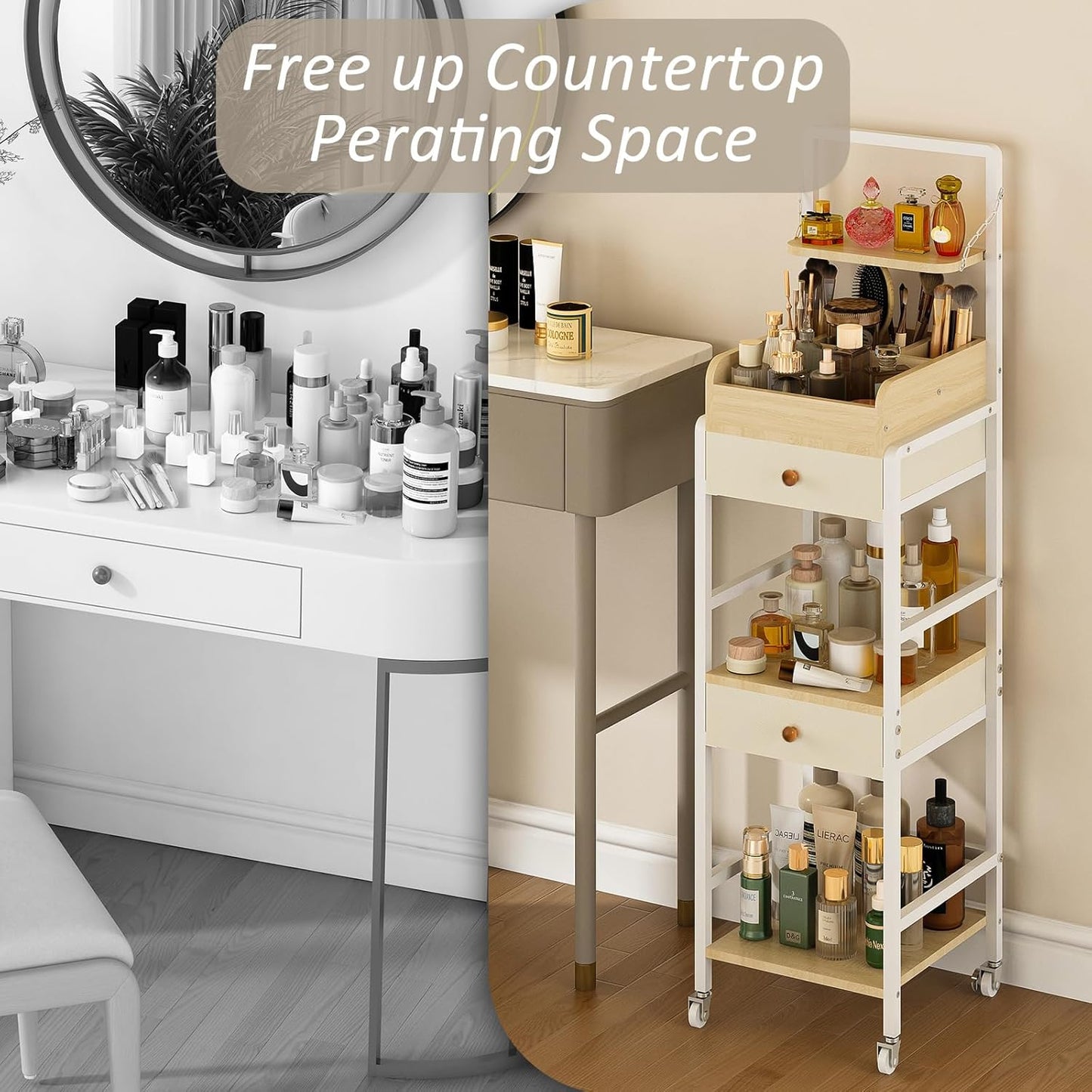 Wisdom Star Makeup Organizer Cart with 2 Drawers, Floor Skincare Organizers, Makeup Storage, Vanity Organizer, Cosmetics Display, Versatile Skin care Perfume Nail Polish Storage Rack for Bathroom