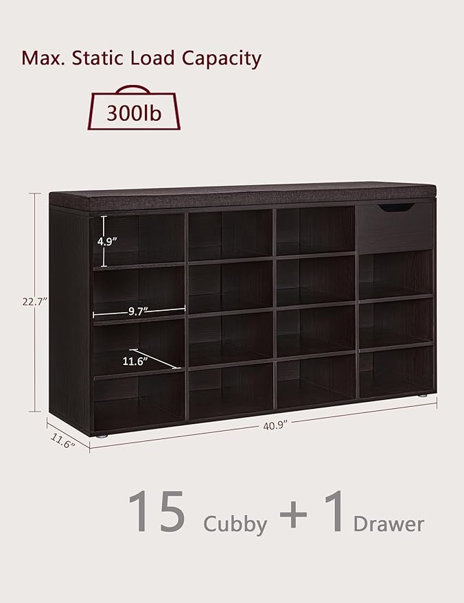 DINZI LVJ Shoe Bench, Entryway Storage Bench with Drawer and 15 Cubbies, Cubby Shoe Rack with Adjustable Shelves, Shoe Organizer Cabinet for Living Room, Bedroom, Mudroom, Closet and Garage, Espresso