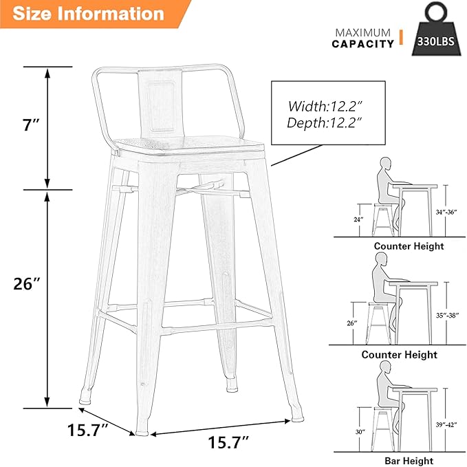 Yongchuang 26" Industrial Metal Barstools Set of 4 Counter Height Bar Stools with Back (Wood Top Low Back, Distressed White)