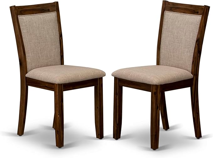 F3MZ5-50N-04 5-Pc Dining Room Set consists of a Pedestal Kitchen Table and 4 Light Tan Polyester Chairs with Padded Back - Antique Walnut