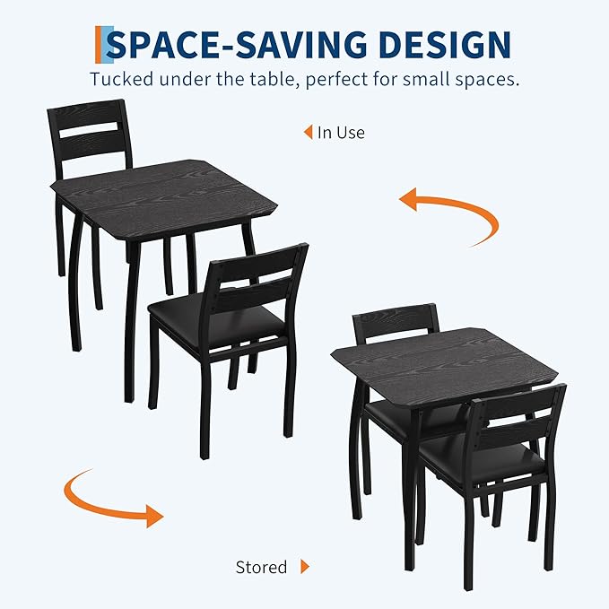 Small Dining Table Set for 2,3-Piece Kitchen Table Set with Thick Wood Grain Tabletop & 2 Upholstered Chairs & Metal Frame, Compact Table Set for Small Spaces, Kitchens & Dining Rooms (Black)