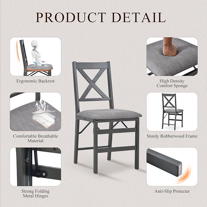 COLAMY Folding Dining Chairs Set of 6, Foldable Chairs with Padded Seats, Wood Folding Dining Room Chairs for Kitchen, Party, Camping, Dark Grey