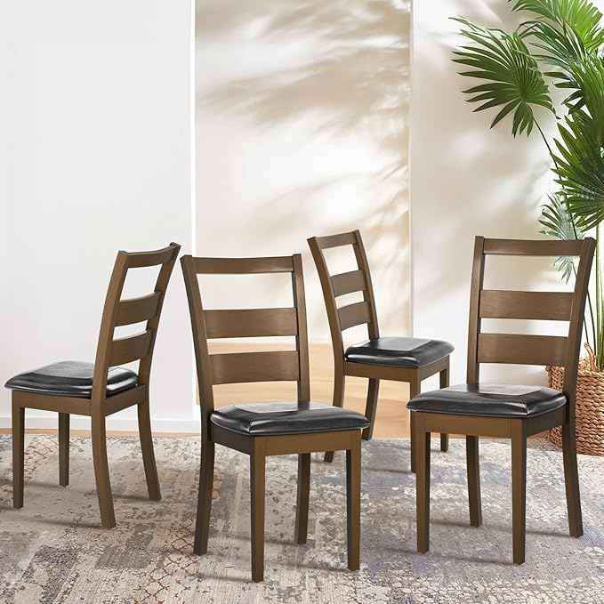 COLAMY Farmhouse Dining Chairs Set of 6, Upholstered Kitchen Chairs with Ladder Back, Modern Wood Side Dining Room Chairs with Wooden Legs for Dinner Rustic Restaurant, Darkbrown