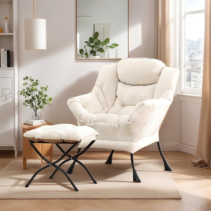 Lazy Chair with Ottoman, Large Modern Lounge Accent Chair with Armrests and Footrest, Reading Armchair with Ottoman, Leisure Sofa Chair for Living Room, Bedroom, Dorm Room, Office（Beige）