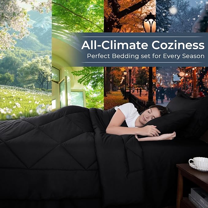 HEVUMYI Black Queen Comforter Set - 7-Piece All Season Bed in a Bag Queen, Ultra Soft Bedding Set with Comforter, Flat Sheet, Fitted Sheet, Pillowcases, Pillow Shams, Black