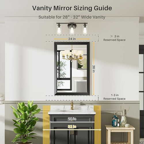 24x36 Inch Black Bathroom Mirror for Wall, Thick Metal Framed Rectangle Mirrors for Over Sink, Bedroom, Living Room, Entryway, Anti-Rust, HD Tempered Glass