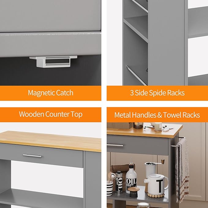 Shintenchi Kitchen Island on Wheels with Storage, Wheeled Island & Cart with 3-Tier Spice Rack, 3 Open Shelves and 1 Drawer, Gray