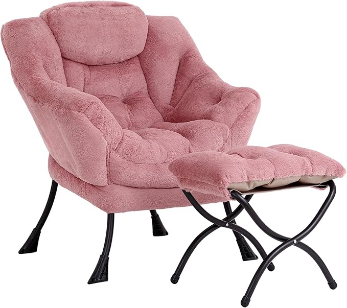 Lazy Chair with Ottoman, Modern Accent Chair Contemporary Lounge Leisure Sofa Chair with Armrests, Reading Chair and Folding Footstool Set for Living Room, Bedroom, Office