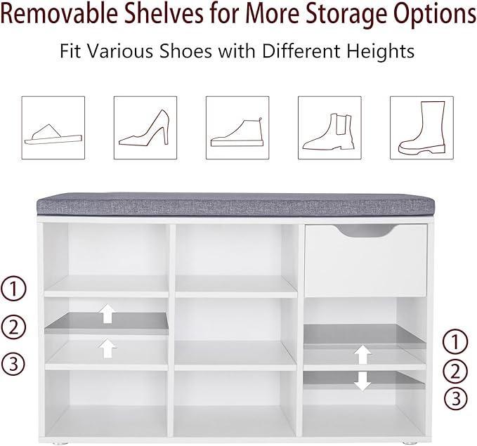 DINZI LVJ Shoe Bench,Entryway Storage Bench with Drawer and 8 Cubbies,Cubby Rack Adjustable Shelves,Shoe Organizer Cabinet for Living Room,Bedroom,Mudroom,Closet Garage,White
