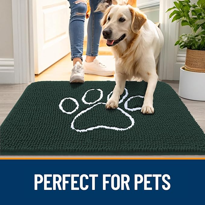 OLANLY Door Mat for Muddy Dog Paws 48x30, Absorbent Chenille Mud Doormat with Paw Print Design, Non-Slip Washable Doormat for Indoor Entryway, Quick-Dry Pet Bed Mats for Dirty Dogs, Blackish Green
