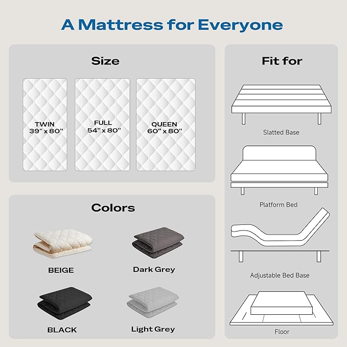 Japanese Floor Futon Mattress, Roll Up Tatami Mat, Sleeping Pad, Shikibuton, CertiPUR-US Certified Foam Floor Bed Mattress for Sleeping, Dormitory, Guest Bed, Designed in Japan(Grey, Twin)