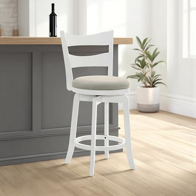 Armen Living Blair 30 in. Matte White Bar Height Rubberwood Swivel Barstool with Fog Fabric Seat - Set of 4