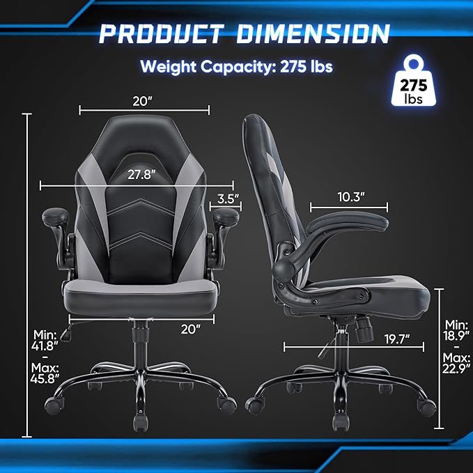 OLIXIS Big and Tall Office Desk Leather Gaming Computer Chair with Adjustable Swivel Task and Flip-up Arms for Adults, Teens, Grey