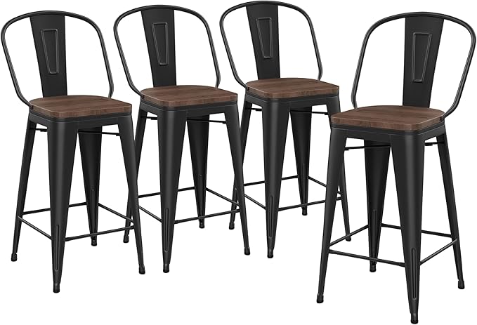 Yongqiang 26 inch Bar Stools Set of 4 High Back Metal Kitchen Counter Height Bar Chairs Barstools with Large Wooden Seat Industrial Matte Black