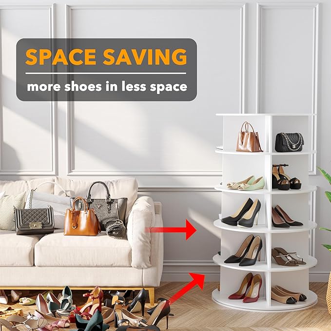 SpaceAid 5 Tier Rotating Shoe Rack Tower, Spinning Shoe Display Lazy Susan, Revolving 360 Shoe Rack Storage Round Carousel, Vertical Handbag Rotate Shoes Closet Organization (5-Tier White)