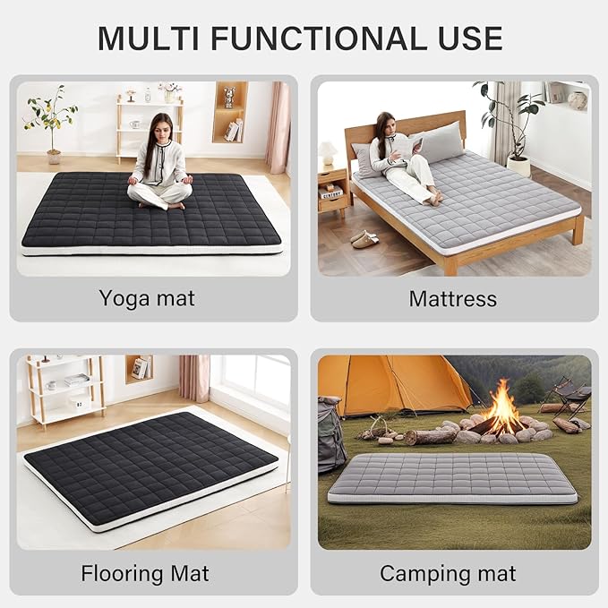 Welnow Japanese Futon Floor Mattress, Twin Size Thick Tatami Mat Portable & Foldable Roll Up Floor Bed Mattress with Storage Bag, Sleeping Pad for Adults, Dorm, Guest Bed, Camping and Travel, Grey