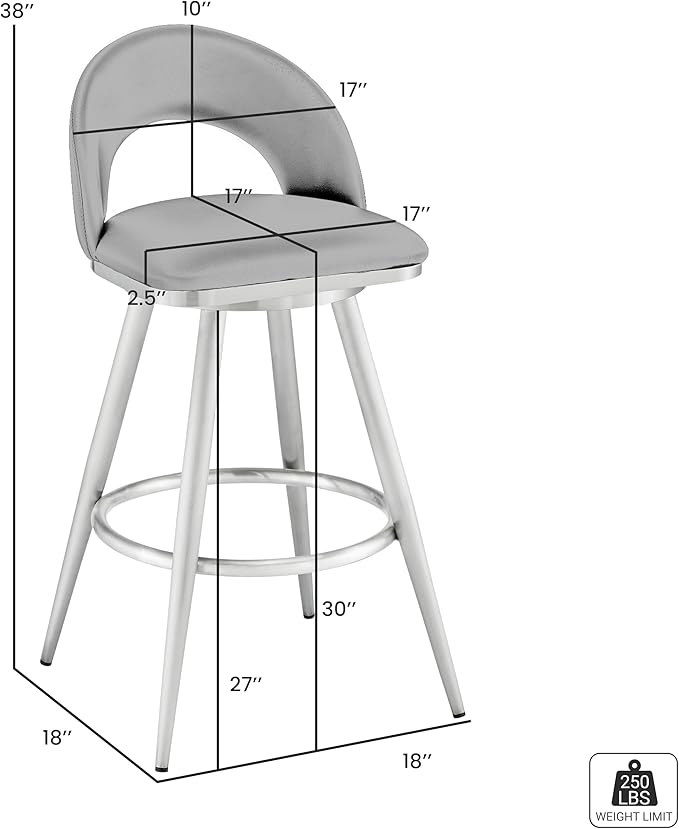 Armen Living Charlotte Swivel Bar Stool in Brushed Stainless Steel with White Faux Leather