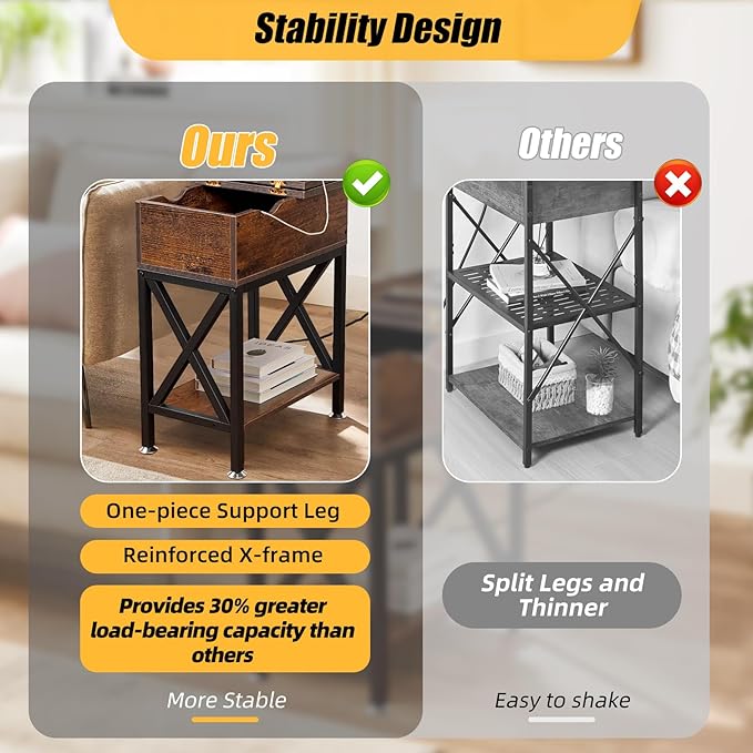 Toocust End Table Living Room with Charging Station, 11"D x 24"W x 23"H, Flip Top Side Table with USB Ports and Outlets, Narrow End Table with 5.3" Deep Drawer, Reinforced Steel X-Frame, Rustic Brown