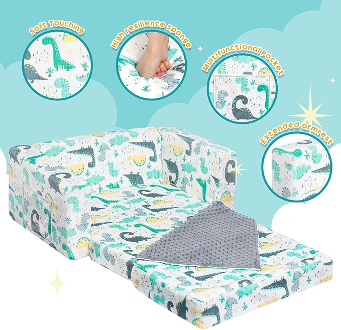ALIMORDEN Fold Out Toddler Couch, Extra Wide Comfy 2-in-1 Cuddly Sherpa Sofa for Kids, with Removable Baby Friendly Blanket, Convertible Sofa to Bed, Dinosaur