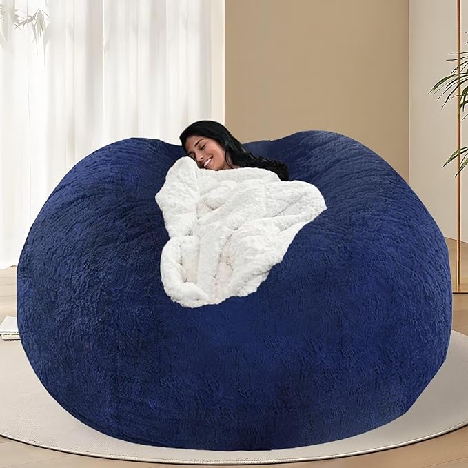 BCU 6FT Bean Bag Chair for Adults and Kids Without Filler Giant Stuffed Animal Storage Cover Soft Faux Fur Floor Chair Cover for Bedroom Living Room, Blue