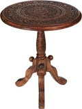 The Wooden Town Handcrafted Carved Round Side Table – 18x21 Inch Coffee Table for Living Room | Solid Wood Accent End Table with Pedestal Base | Altar Table for Home Décor