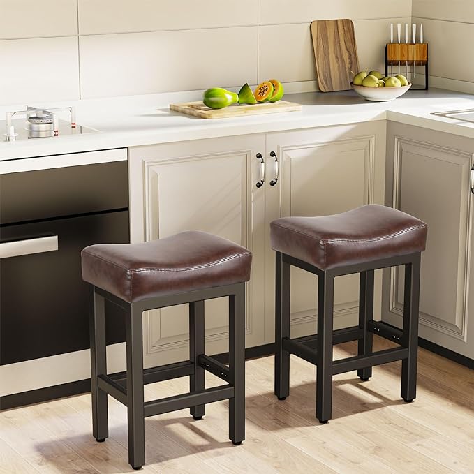 Counter Height Bar Stools Set of 3, 24 Inch Barstools for Kitchen Island Counter, Bonded Leather Kitchen Stools with Thick Saddle Seats & Heavy Duty Metal Base, Easy Assembly, Brown/Black