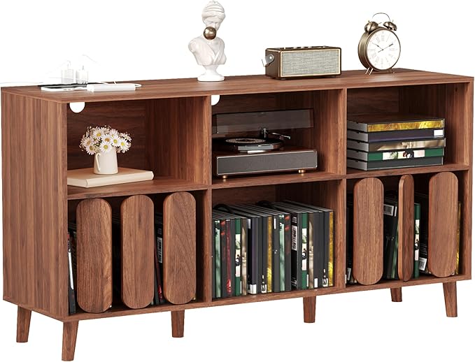 Large Record Player Stand, Record Player Table Vinyl Record Storage Holder Records Cabinet Organizer with Power Outlet for Living Room, Walnut