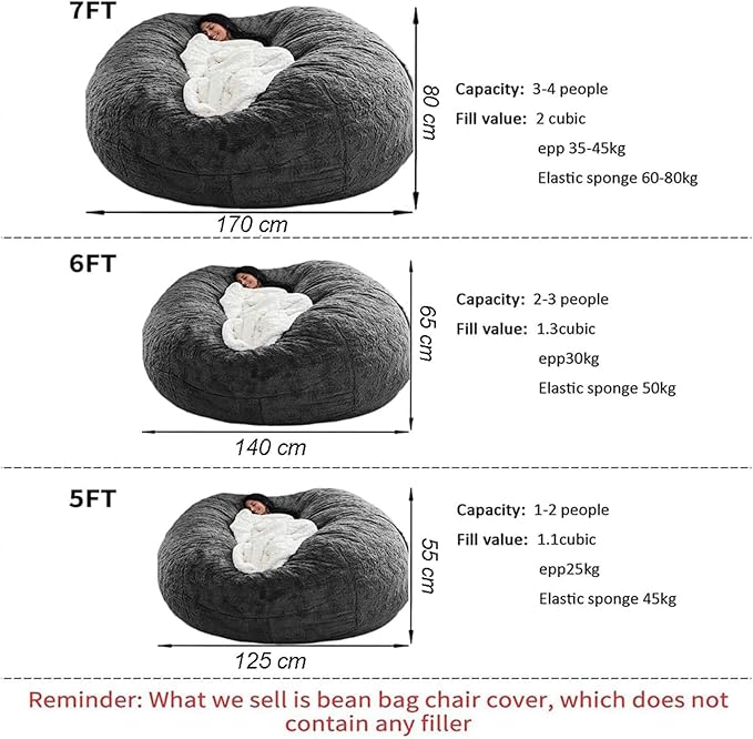 BCU Oversized Bean Bag Cover Comfy Beanbag Chair for Adults Without Filler Faux Fur Lazy Sofa Cover for Living Room Chairs, Multicolored, 5FT