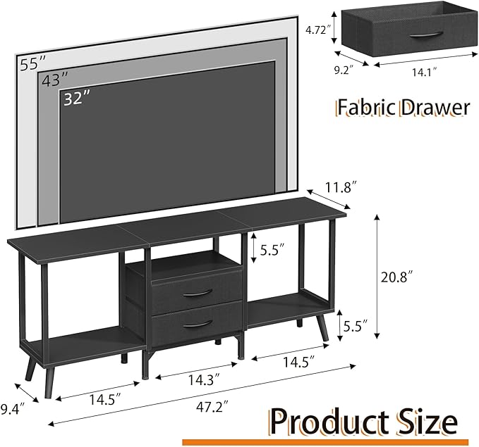 Small TV Stand with Fabric Drawers/LED Light for 55 inch TV, Entertainment Center with Storage Open Shelves，Media Console Table for Living Room, Bedroom, Black