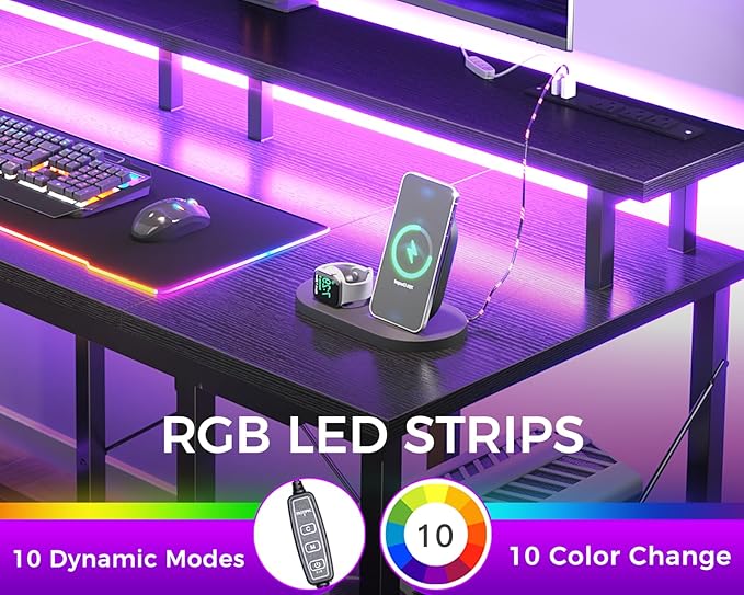 ODK 63 Inches Gaming Desk with LED Lights, Computer Desk with Monitor Stand, Pc Table with CPU Stand, Black