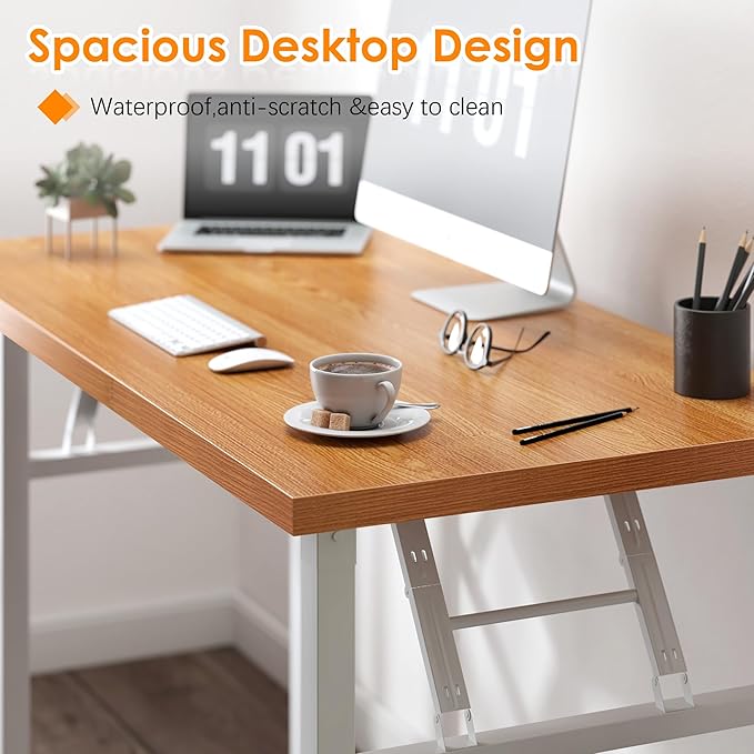 SDHYL 62 inches No Assembly Foldable Computer Desk for Home Office Workstation, Modern Large Folding Study and Writing Table with Metal Frame, Teak and White