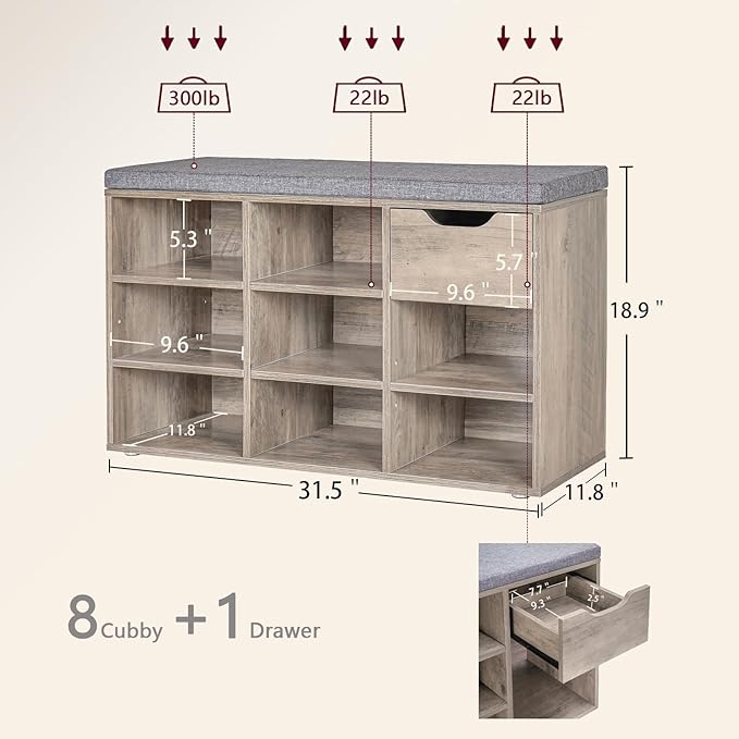 DINZI LVJ Shoe Bench,Entryway Storage Bench with Drawer and 8 Cubbies,Cubby Rack Adjustable Shelves,Shoe Organizer Cabinet for Living Room,Bedroom,Mudroom,Closet Garage,Greige