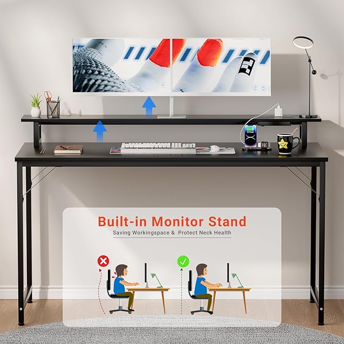 47 inch Computer Desk with Power Outlets, Gaming Desk with LED Lights, Home Office Work Desk with Monitor Shelf, Modern Office Desk Study Writing Table for Small Spaces, Black