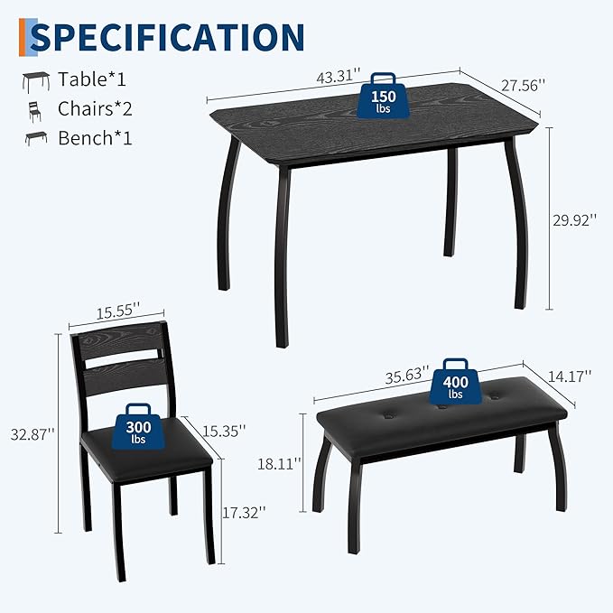 4 Piece Farmhouse Dining Table Set for 4, Space Saving Rustic Kitchen Table with 2 Padded Chairs & Bench, Small Breakfast Nook Furniture Set for Dining Rooms, Apartments, Black