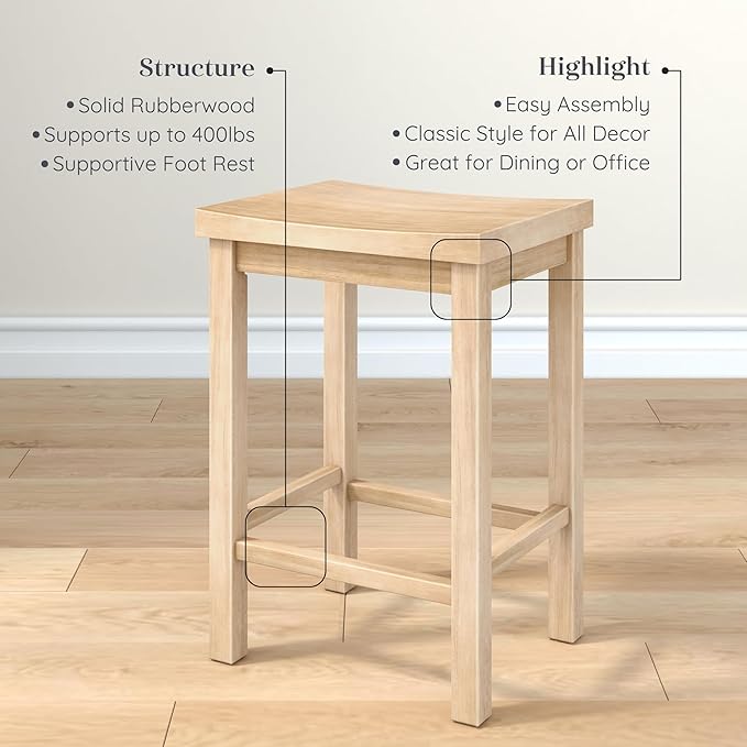Grain & Grove Smith Collection Solid Wood Counter Height Bar Stool, 24-Inch Saddle Seat Backless Stool, Ideal for Kitchen Island, Dining, or Home Bar Seating, Blonde