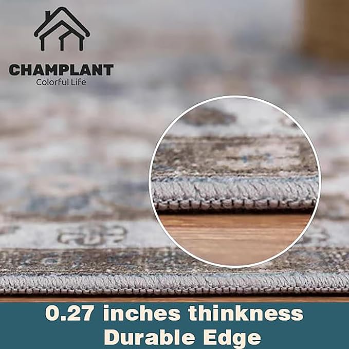 3'x5' Blue Khaki Vintage Washable Thin Area Rug Traditional Floor Cover Foldable Indoor Distressed Non Slip Carpet Floral Print Mat for Bedroom Living Room Bathroom