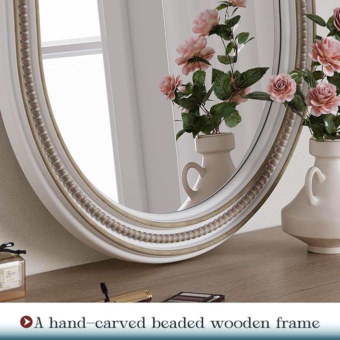 Farmhouse Oval Mirror Boho, 20" x 36" Antique Oval Bathroom Mirrors, Wooden Rustic Decorative Wall Mirror with Beaded for Bedroom, Living Room, Hallway, Vertical or Horizontal Hanging