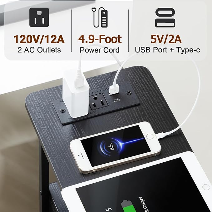 Narrow End Table Living Room with Charging Station, Skinny Side Table with Fabric Drawers, Slim Nightstand for Bedroom, Small Spaces, Couch, Black, HETNDP03BK-1