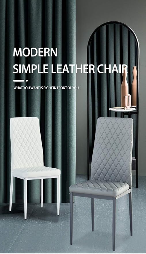 JT Modern Minimalist Dining Chair Fireproof Leather Sprayed Metal Pipe Diamond Grid Pattern Restaurant Home Conference Chair Set of 4 Or 6 (6, White)