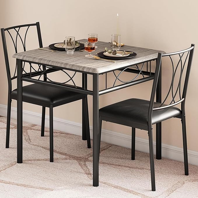 GarveeHome Small Dining Table Set for 2, Square Table and Chairs Set of 2, 3 Piece Kitchen Table Set of 2 with Upholstered Chairs, Dinner Table Set for 2 for Small Spaces, Apartment, Rustic Gray